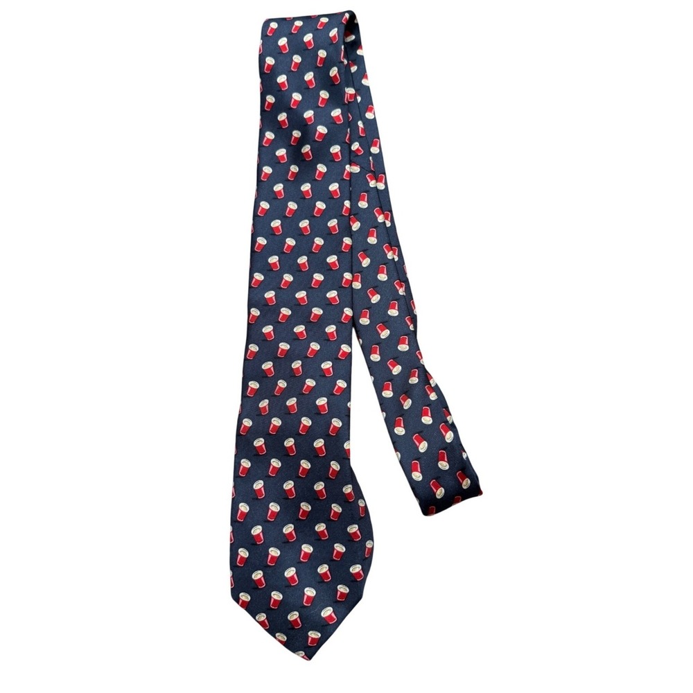 Croft & Barrow Mens Silk Novelty Tie Navy Blue Red‎ Cup Party Print Fun Necktie